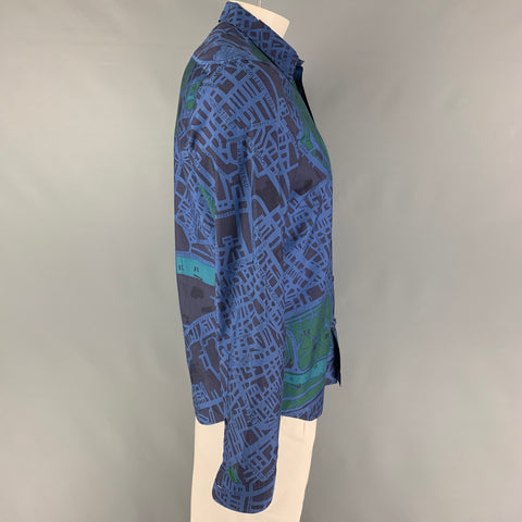 BURBERRY PRORSUM Size L Navy Blue Cotton Silk London Map Print Long Sleeve Shirt