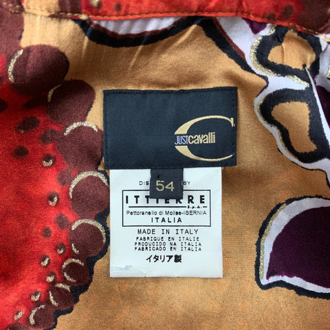 JUST CAVALLI Size XL Gold & Brown Print Silk Button Up Long Sleeve Shirt