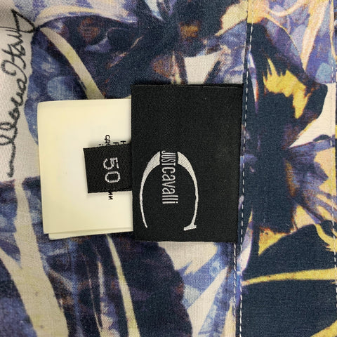JUST CAVALLI Size M Blue Yellow Floral Cotton Button Down Long Sleeve Shirt