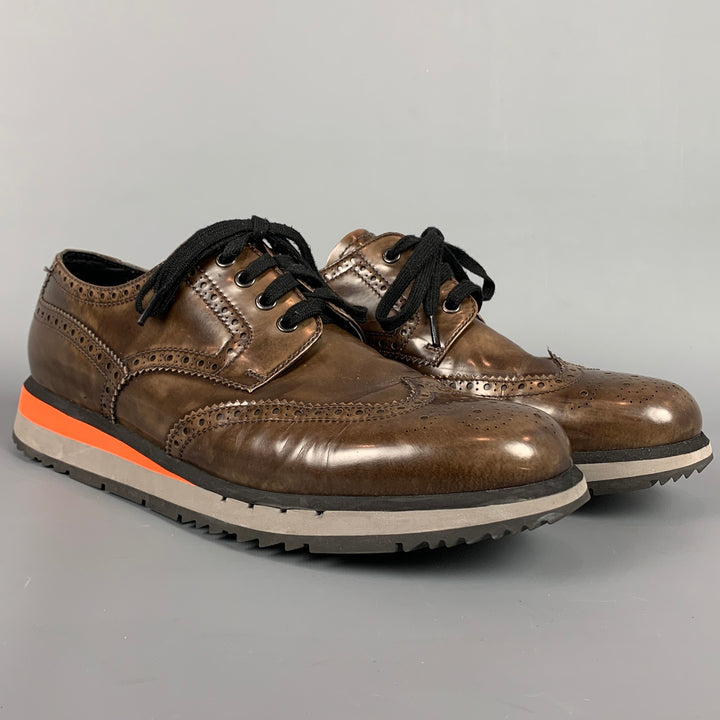 PRADA Size 12 Brown Perforated Leather Wingtip Lace Up Shoes