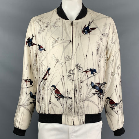 DOLCE & GABBANA Size 44 Beige & Navy Print Silk Zip Up Bomber Jacket