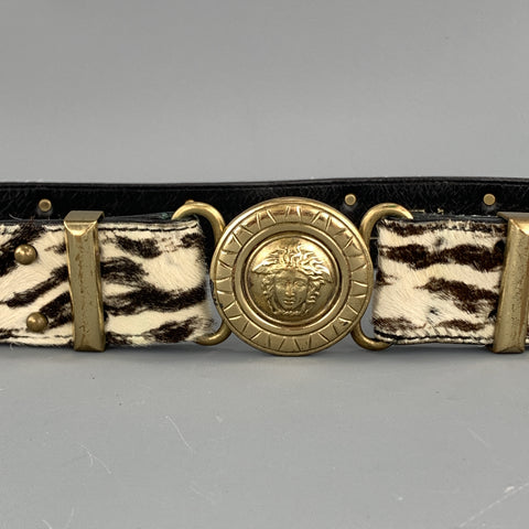 GIANNI VERSACE Studded Size 32 Beige Leather Pony Hair Brown Belt