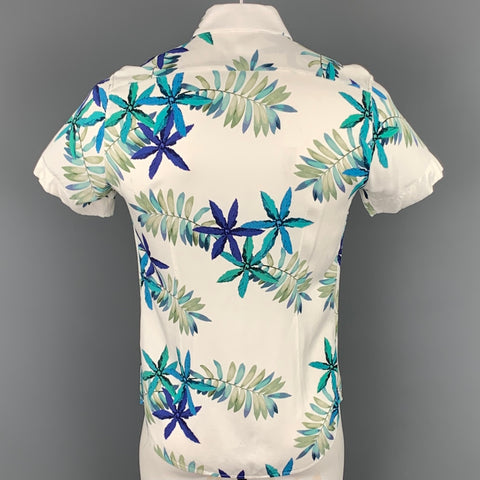REISS Slim Fit Size L Cream & Blue Leaf Print Viscose Short Sleeve Shirt