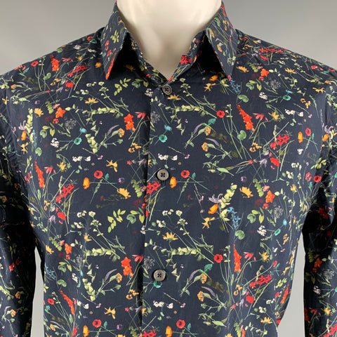 PAUL SMITH Size M Navy Multi-Color Floral Cotton Long Sleeve Shirt