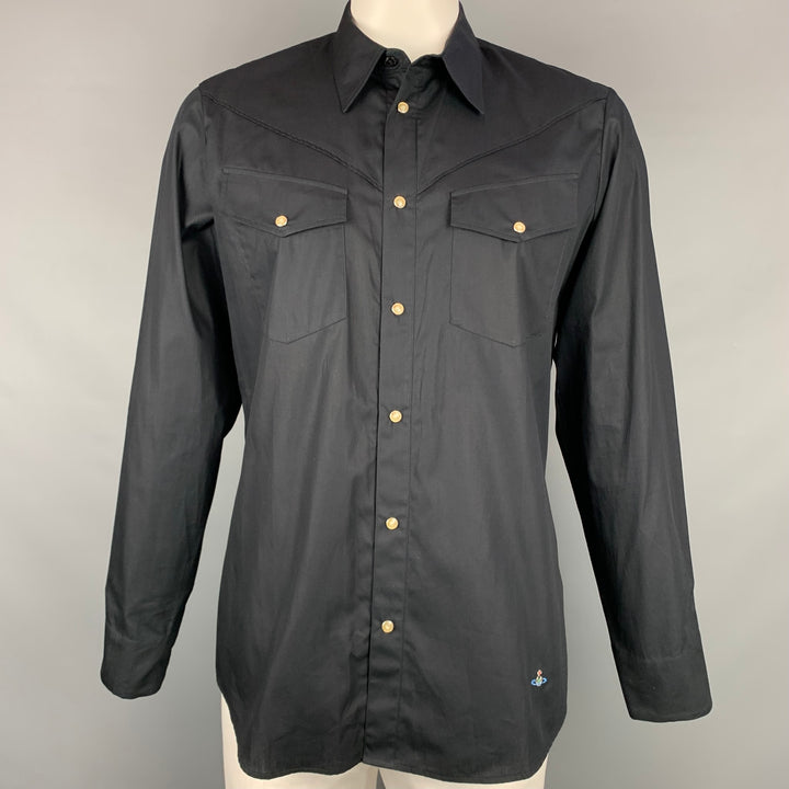 VIVIENNE WESTWOOD MAN Size XL Black Cotton Snaps Long Sleeve Shirt
