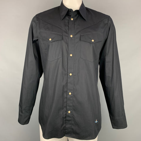 VIVIENNE WESTWOOD MAN Size XL Black Cotton Snaps Long Sleeve Shirt