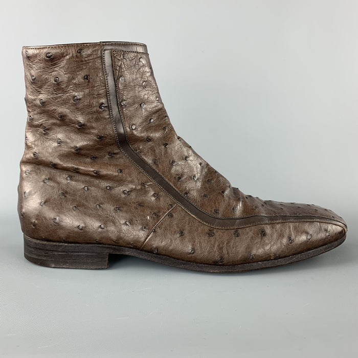 PRADA Size 10.5 Brown Ostrich Leather Square Toe Ankle Boots