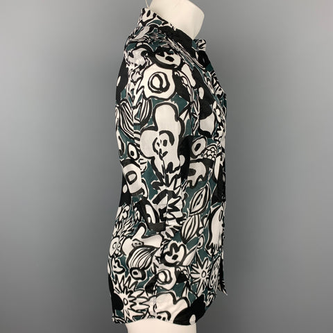MARNI Size S White & Black Print Cotton Button Up Short Sleeve Shirt