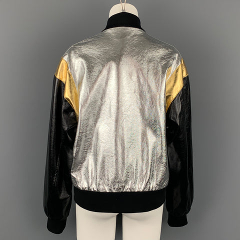 MSGM Giubbino Size 8 Silver & Black Viscose Blend Bomber Jacket