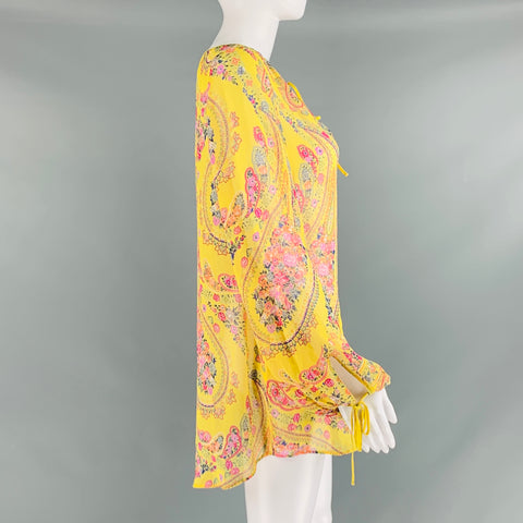 ETRO Taille 2 Blouse à manches longues florale en soie rose jaune