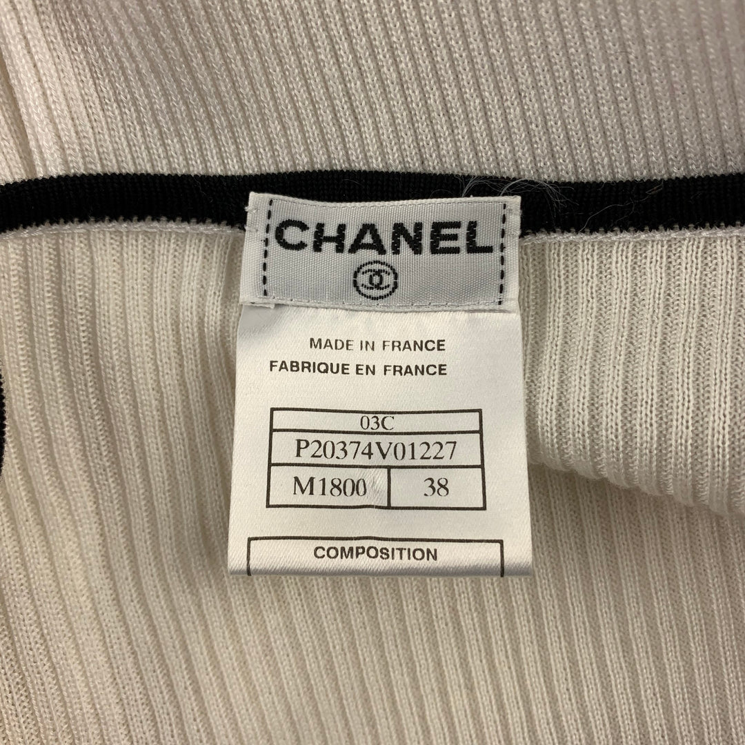 CHANEL Size 6 White & Black Ribbed Cotton Peplum Pullover