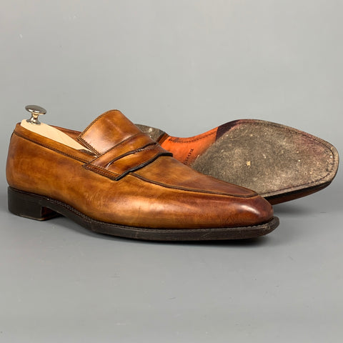 BONTONI Size 10 Tan Burnished Leather Penny Loafers
