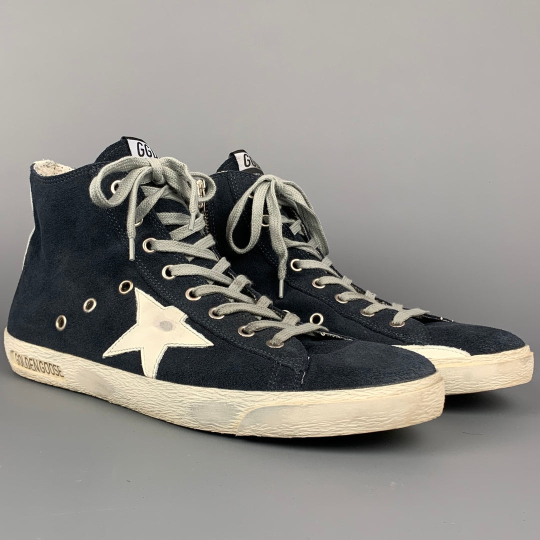 GOLDEN GOOSE Francy Size 10 Navy & White Distressed Suede High Top Sneakers