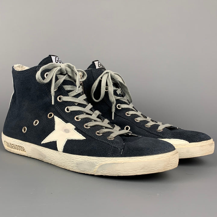 GOLDEN GOOSE Francy Size 10 Navy & White Distressed Suede High Top Sneakers