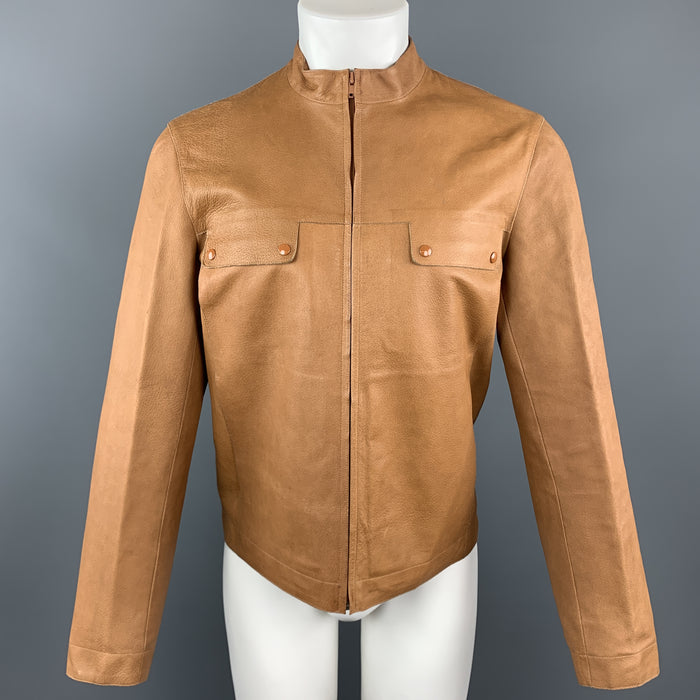 MIU MIU Size S Tan Textured Leather High Collar FLap Pocket Jacket