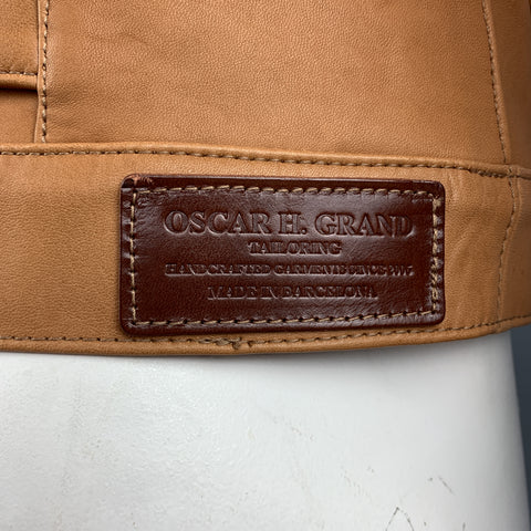 OSCAR H. GRAND Size M Tan Leather Flap Pockets Silver Buttons Back Belt Trucker Jacket