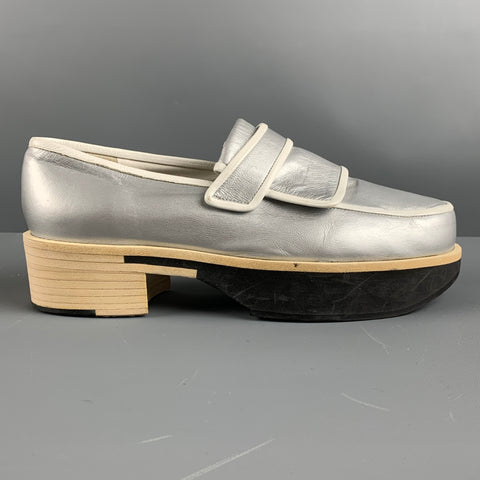 JIL SANDER Talla 10 Zapatos planos de plataforma con ribete en contraste de cuero blanco plateado