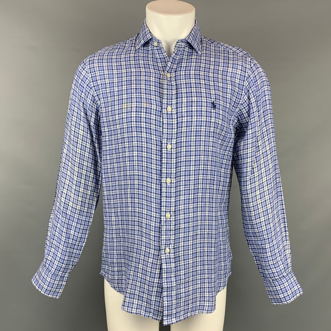 POLO by RALPH LAUREN Size S Blue Plaid Linen Button Up Long Sleeve Shirt