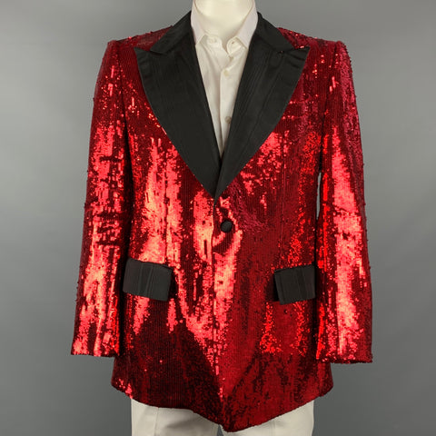 DOLCE & GABBANA Size 44 Regular Red & Black Sequined Peak Lapel Sport Coat