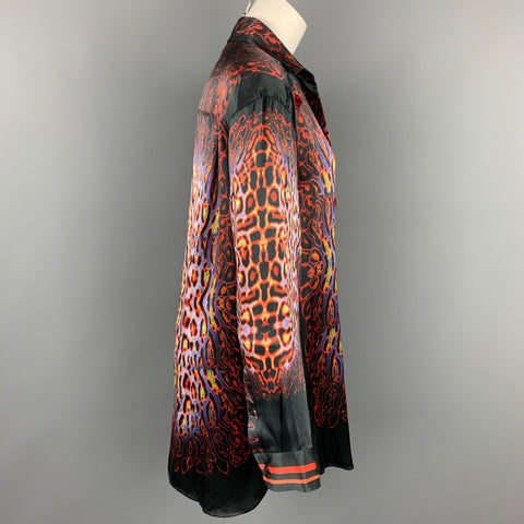 JUST CAVALLI Size XL Black & Red Print Silk Hidden Buttons Shirt