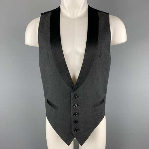 DOLCE & GABBANA Size 40 Charcoal Plaid Black Mock Shawl Collar Tuxedo Vest