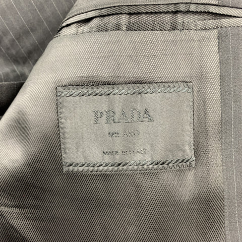 PRADA Size 48 Long Black Stripe Wool Notch Lapel Suit