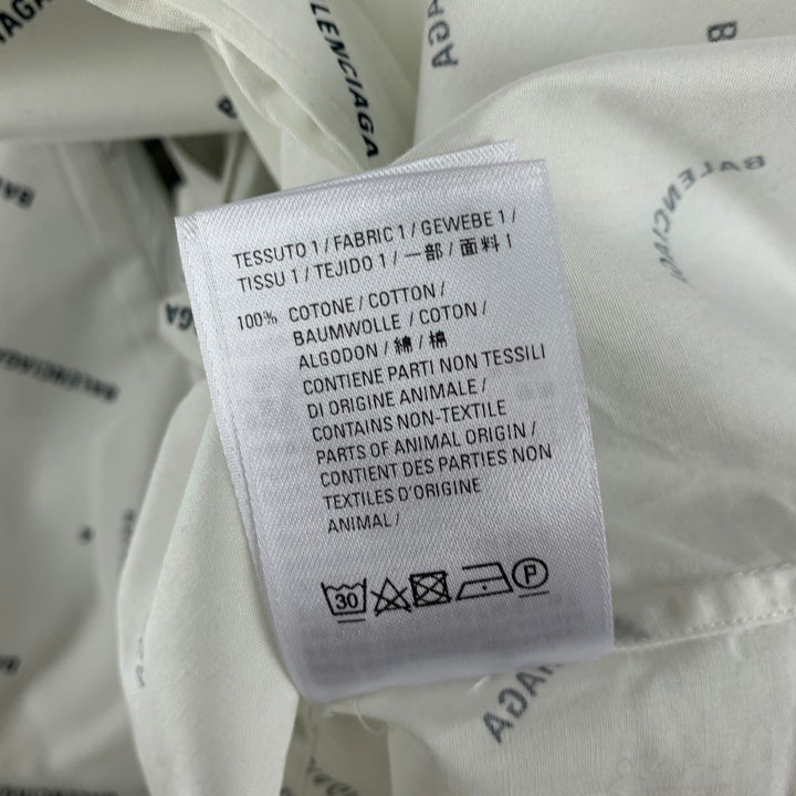 BALENCIAGA Size M White Black Logo Cotton Button Down Short Sleeve Shirt