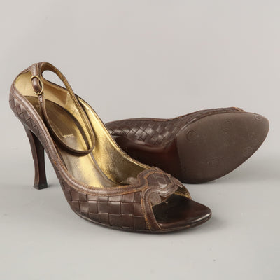 BOTTEGA VENETA Size 6.5 Brown Woven Intrecciato Leather Peep Toe Pumps