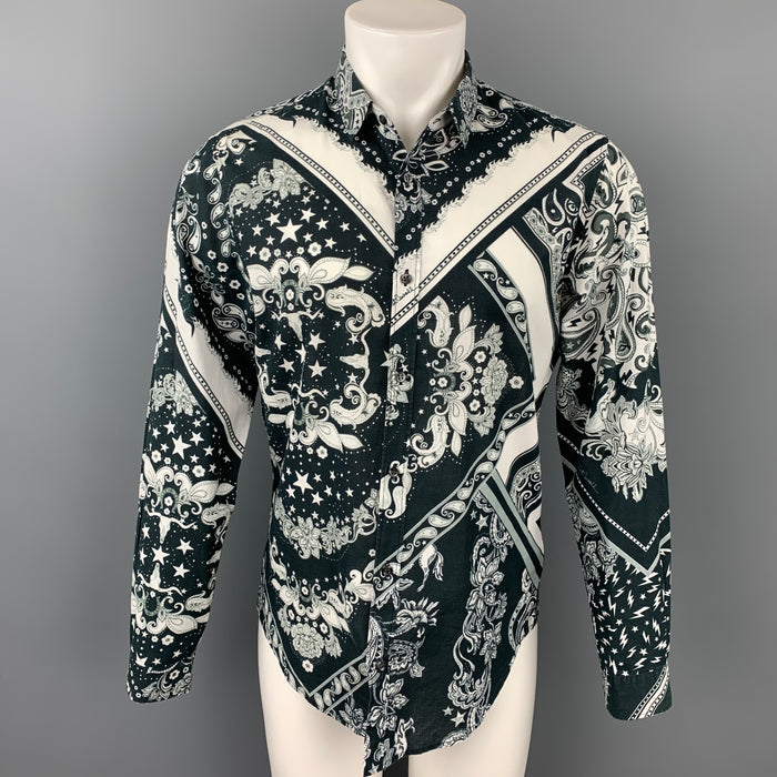 JUST CAVALLI Size M Black & White Print Cotton Button Up Long Sleeve Shirt