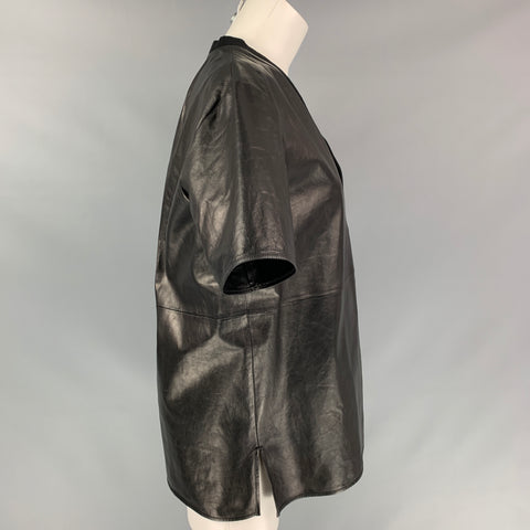 GIVENCHY 2017 Size M Black Lambskin Leather V-Neck Top Oversized Blouse Tee