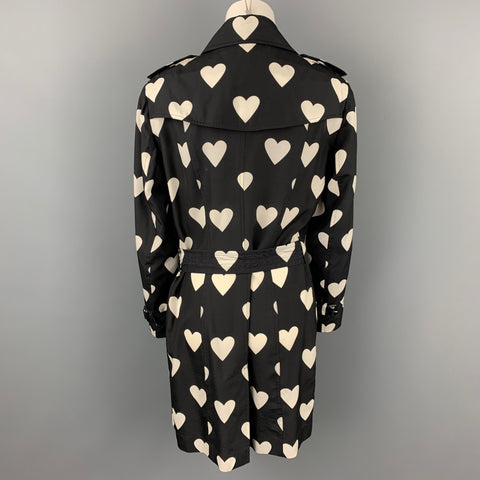 BURBERRY Circa 2017 Size 10 Black & White Heart Print Silk / Wool Trench Coat