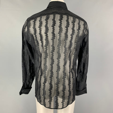 GUCCI by Tom Ford Spring-Summer 2000 Size M Black Zig Zag Silk Acetate French Cuff Shirt