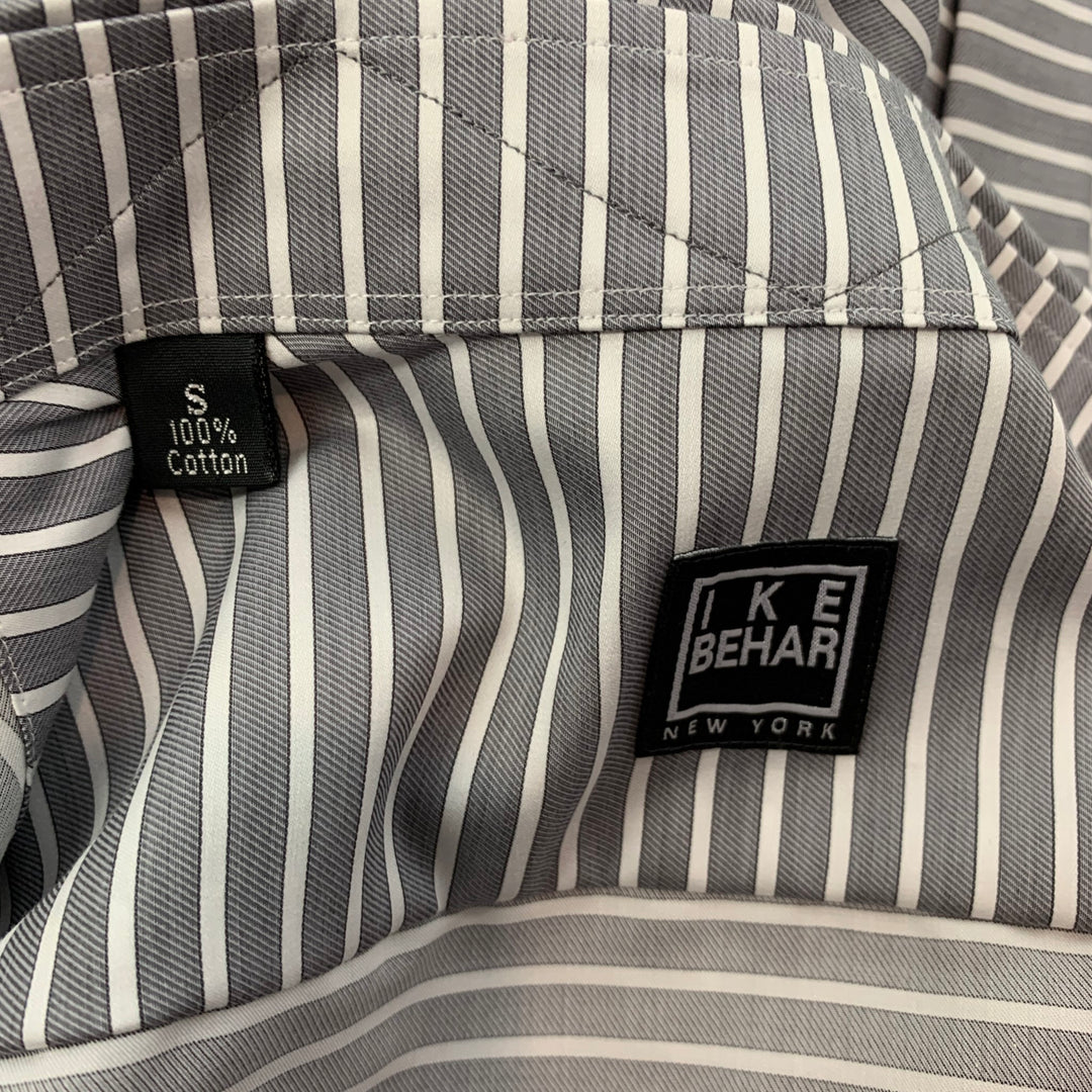 IKE BEHAR Camisa de manga larga con botones de algodón a rayas grises y blancas talla S