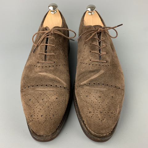 BONTONI Size 10.5 Brown Perforated Suede Cap Toe Lace Up Shoes