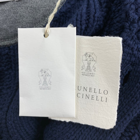 BRUNELLO CUCINELLI Size L Navy Cable Knit Cotton / Polyamide Shawl Collar Sweater