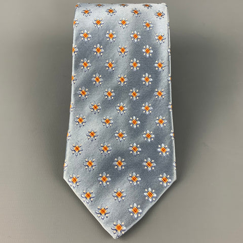 ERMENEGILDO ZEGNA Blue Orange Abstract Floral Silk Satin Tie