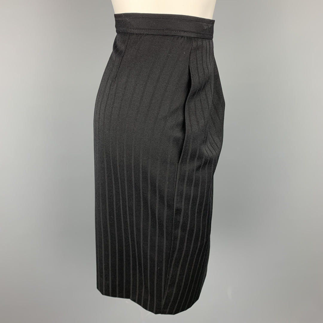 Vintage YVES SAINT LAURENT Rive Gauche Size 10 Black Stripe Twill Pleated Pencil Skirt