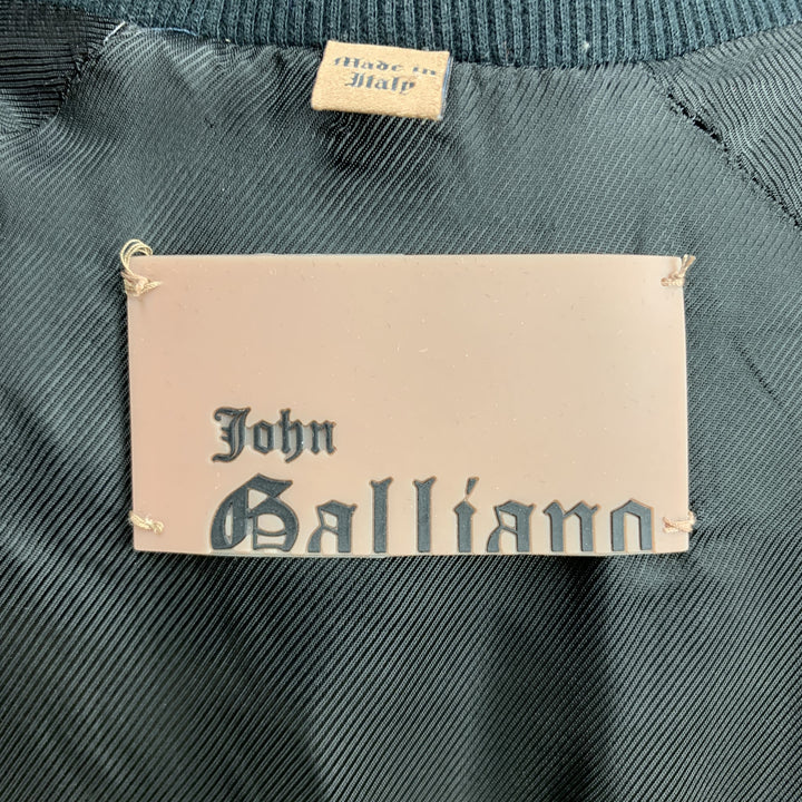 JOHN GALLIANO Size 36 Gold & Teal Newspaper Print Silk Bomber Jacket