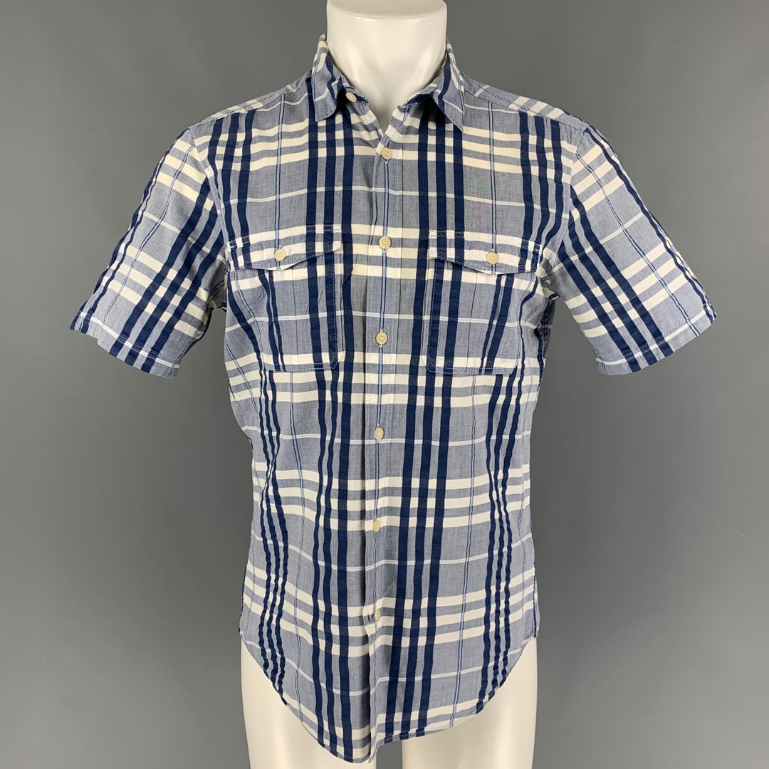 BURBERRY BRIT Talla M Camisa Manga Corta Algodón Cuadros Blanco Azul