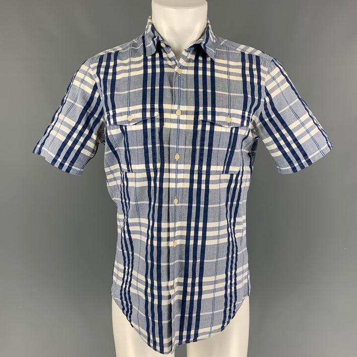 BURBERRY BRIT Talla M Camisa Manga Corta Algodón Cuadros Blanco Azul