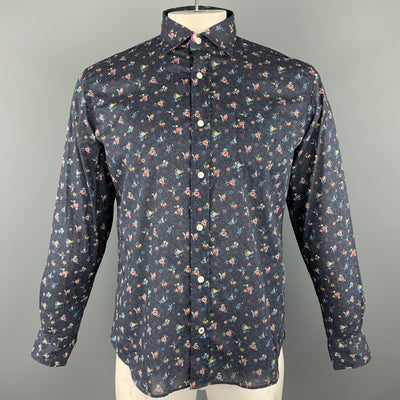 HARTFORD Size M Navy & Burgundy Floral Cotton Button Up Long Sleeve Shirt
