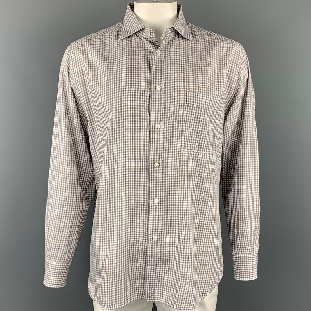 ERMENEGILDO ZEGNA Size XL White & Brown Checkered Cotton Long Sleeve Shirt