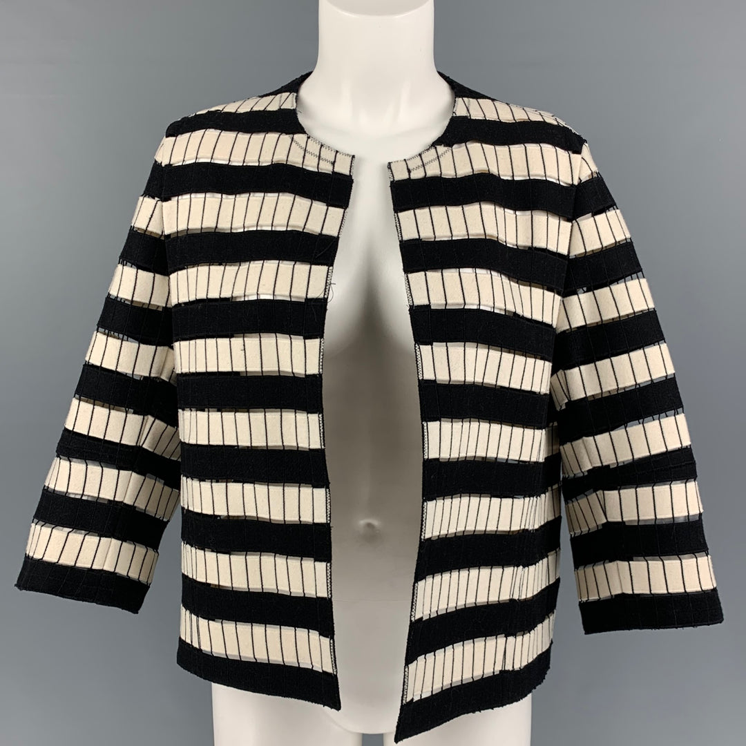 AKRIS Size 6 Black White Wool Blend Stripe Cutout Jacket