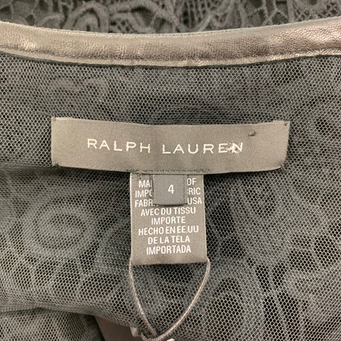 RALPH LAUREN Black Label Size 4 Black Cotton Lace Leather Trim Open Front Coat