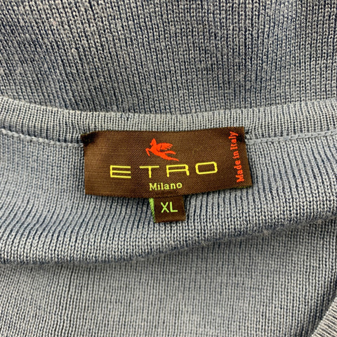 ETRO Size XL Blue & Charcoal Plaid Merino Wool V-Neck Sweater