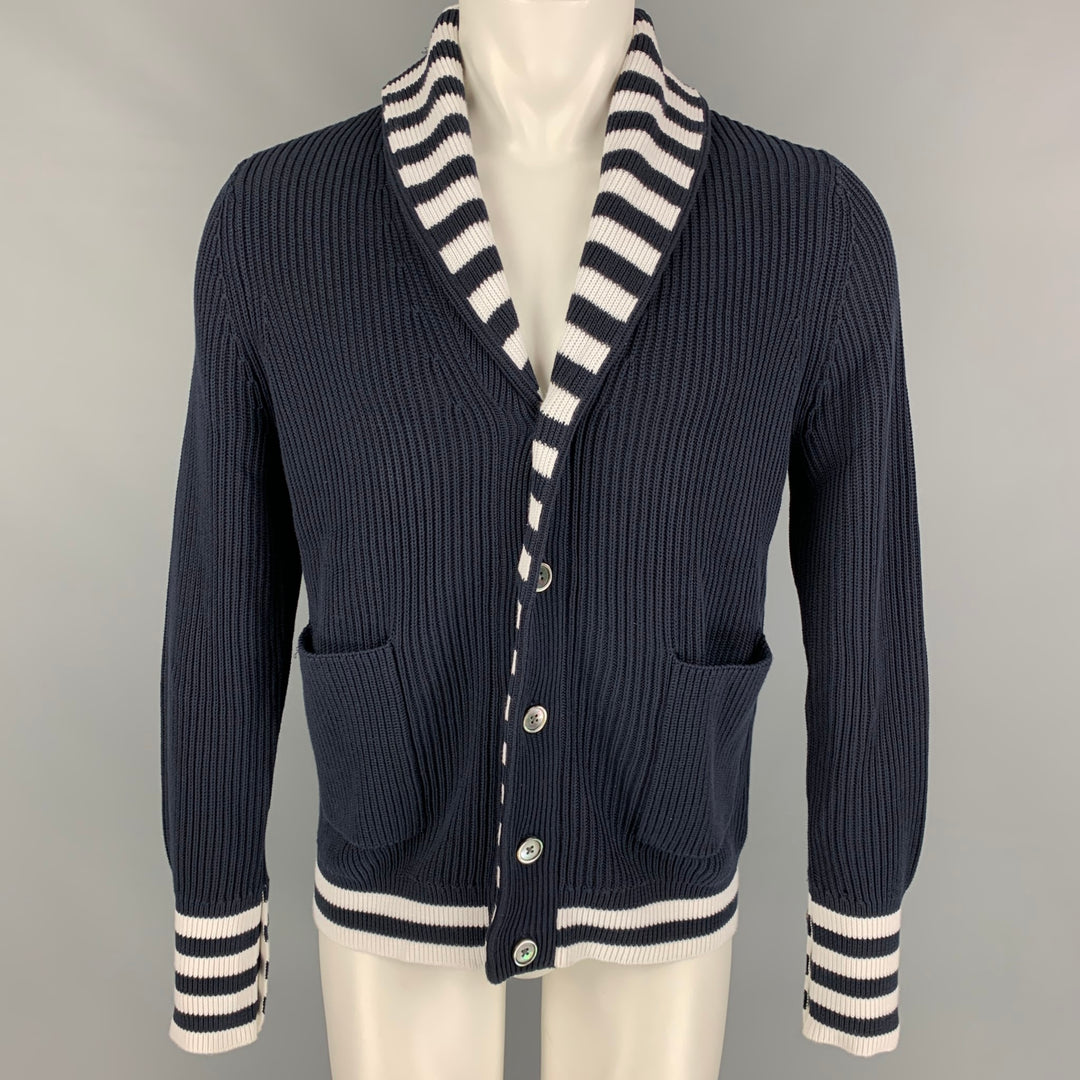 BLACK FLEECE Size M Navy White Knit Shawl Collar Cardigan