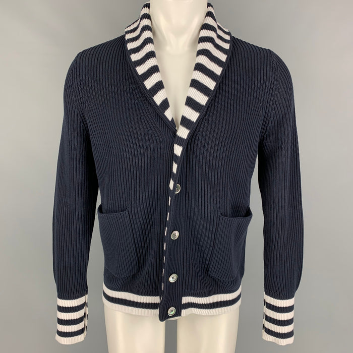 BLACK FLEECE Size M Navy White Knit Shawl Collar Cardigan