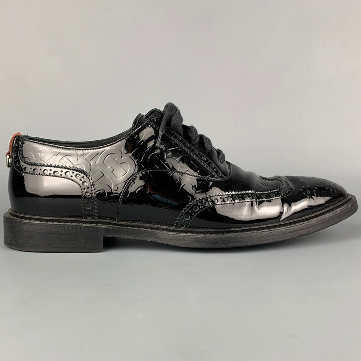 BURBERRY LONDON Size 9 Black Perforated Patent Leather Wingtip Lace Up Shoes