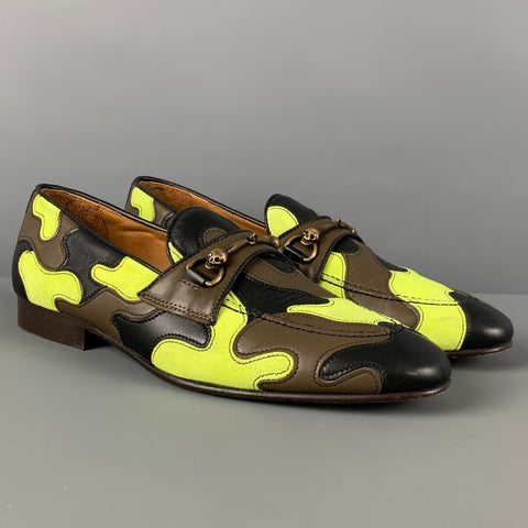 DONALD J PLINER Size 8.5 Green Black Brown Camo Leather Slip On Loafers