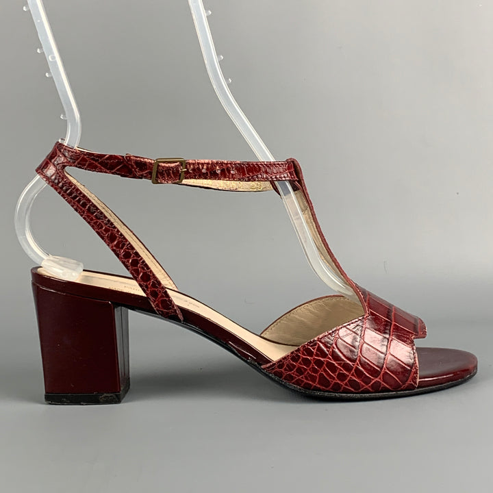 ROBERT CLERGERIE Talla 7 Sandalias con tira en T de cuero en relieve color burdeos